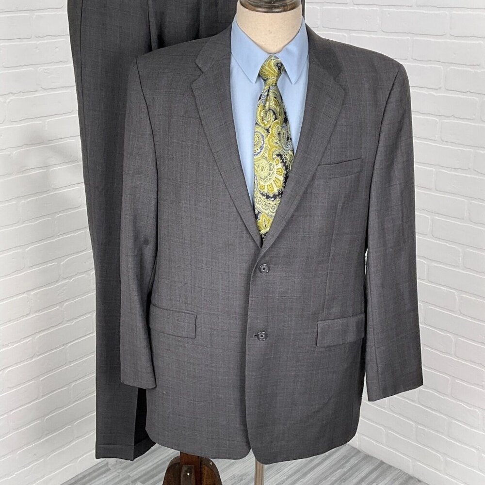 Calvin Klein‎ Suit Men 44 38Wx32L Gray Blue Plaid Wool Union Canada